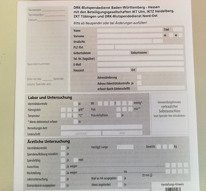 Formular für Blutspende